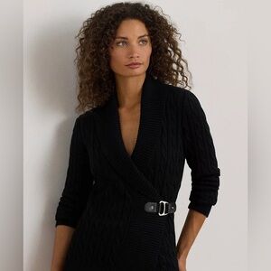 Lauren Ralph Lauren Black Cable Knit Cardigan Buckle Front Shawl Collar Size M